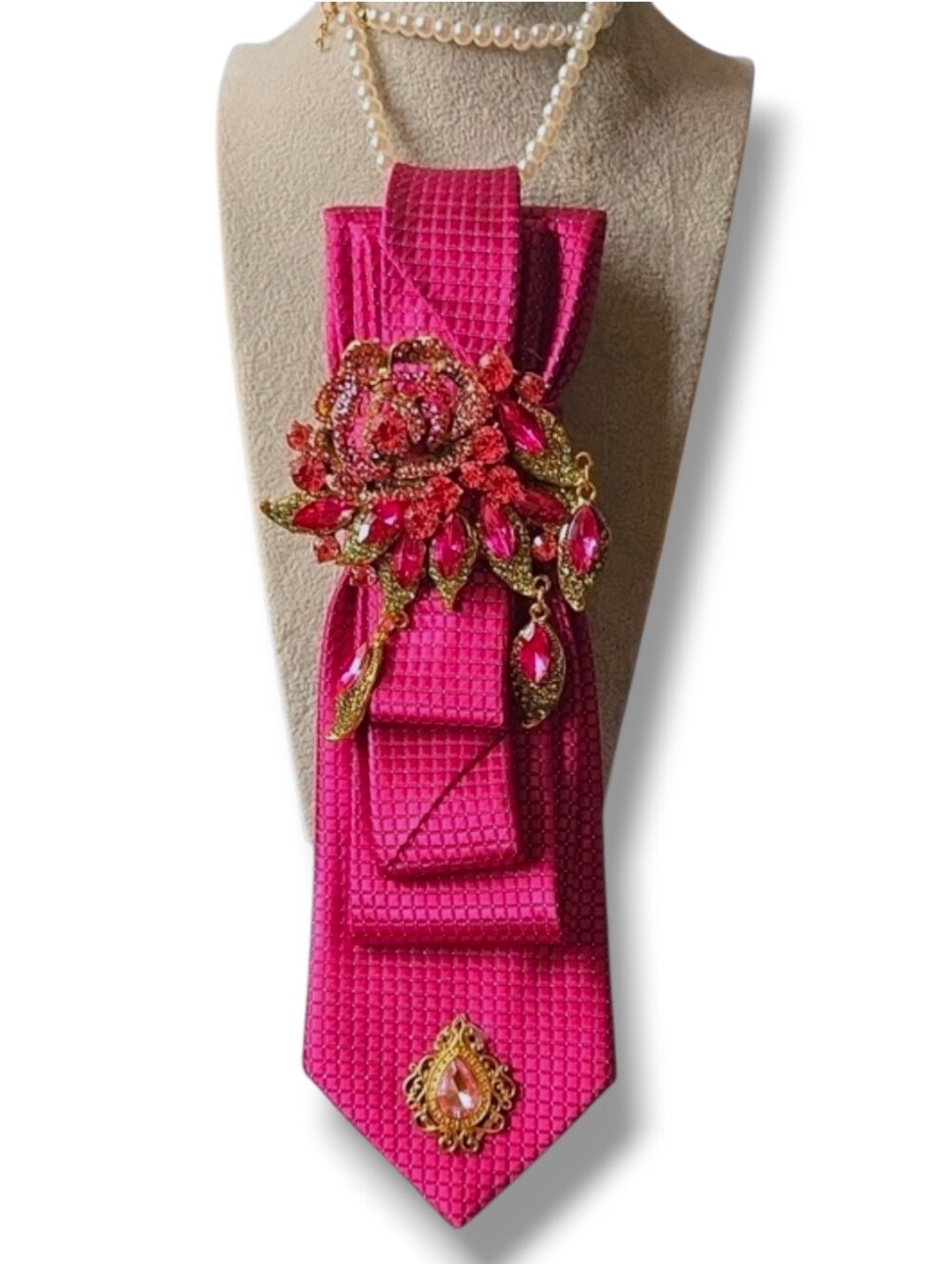 3/$60 Pink Folded Cravat with Pink and Gold Floral Brooch